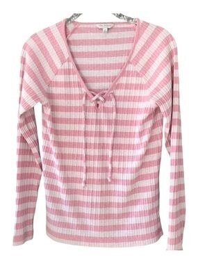 Lucky Brand Pink White Striped Ribbed Knit Top Lace Up L Coquette Lounge